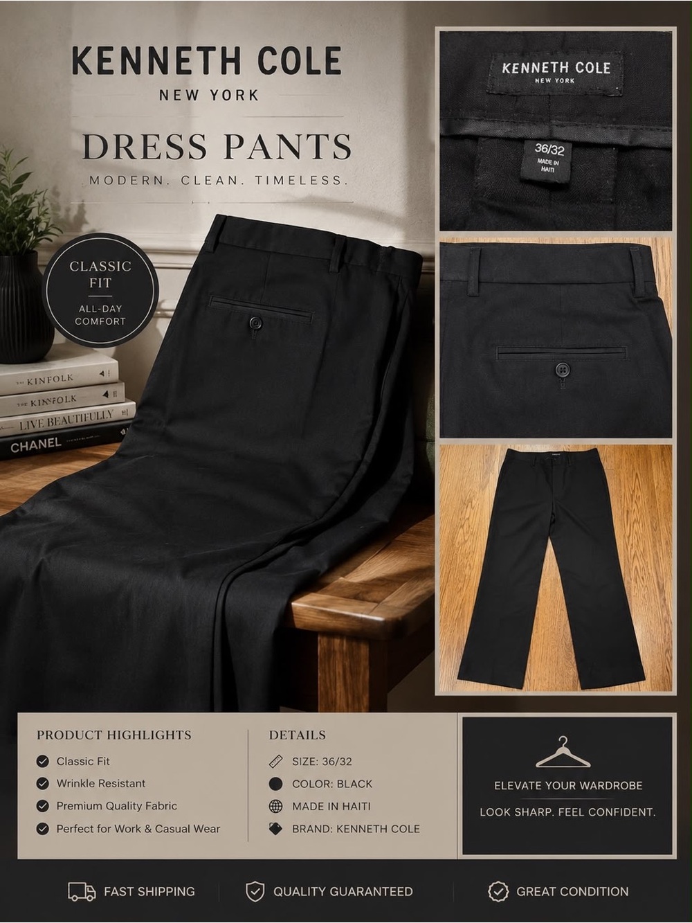 Kenneth Cole Men's Black Dress Pants - Straight Leg